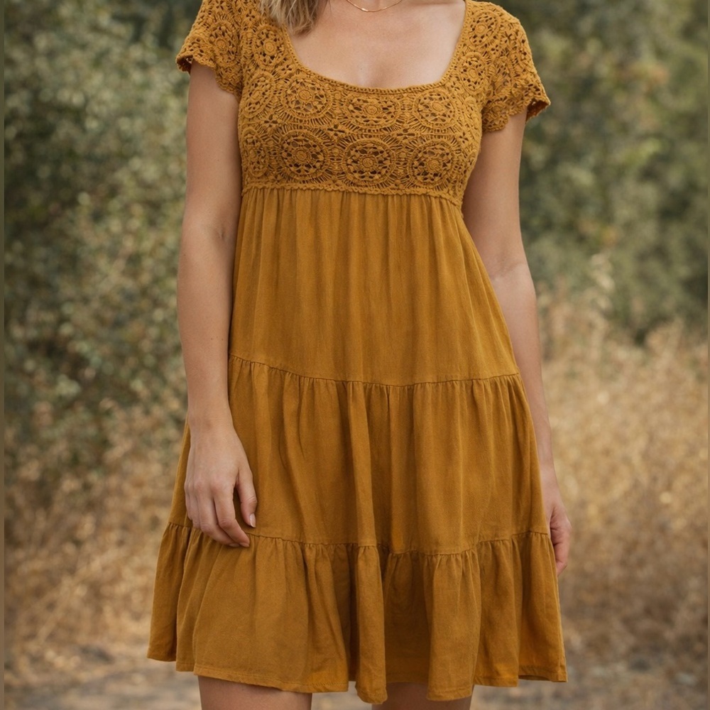 Mustard Crochet Babydoll Dress Boho Cottagecore Tiered Mini Medium